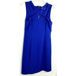 SHE+SKY SLEEVELESS Knee Length SHEATH DRESS V Neck Cross Cross Details SZ:S BLUE
